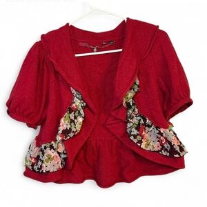 Anthropologie Small Red Wool & Angora Ruffled Cardigan with Floral Accents